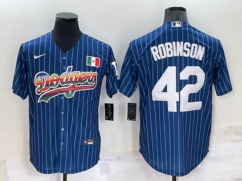 Men's Navy Los Angeles Dodgers #42 Jackie Robinson Mexico Rainbow Cool Base Stitched Baseball Jersey